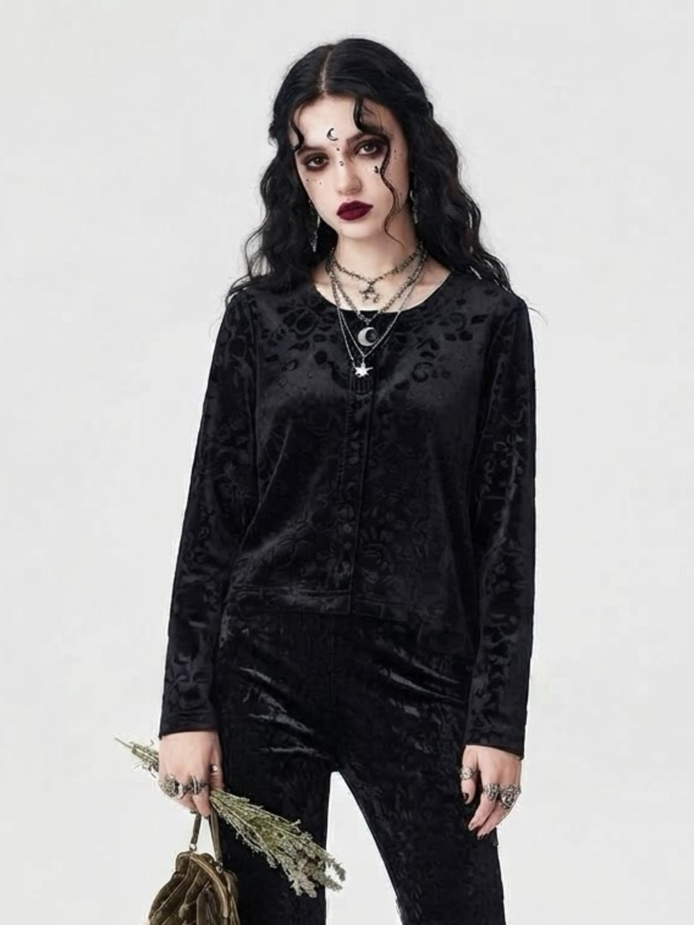 Vintage Studio Ease Black Floral Velvet Whimsygoth Button Up Cardigan Size L/XL